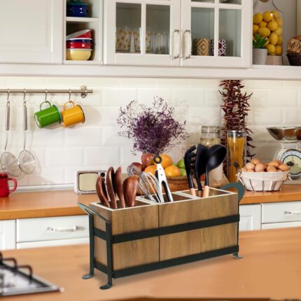 Scatola portaposate in stile rustico con supporto per posate e scomparto, scatola portaoggetti in legno per posate